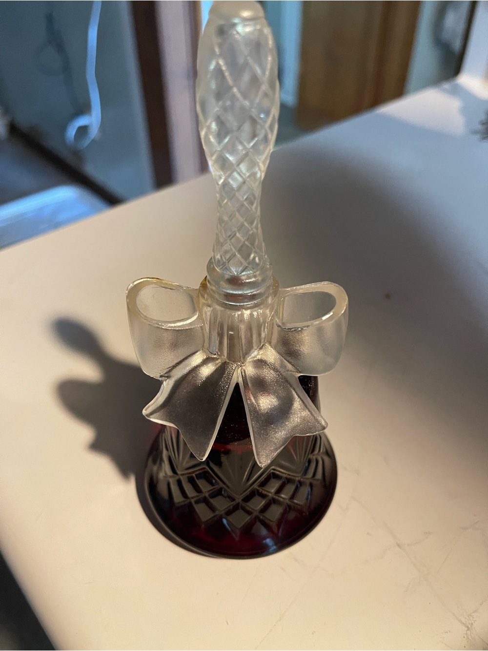 Vintage Avon  Glass Bell with Frosted Bow - Ruby Base